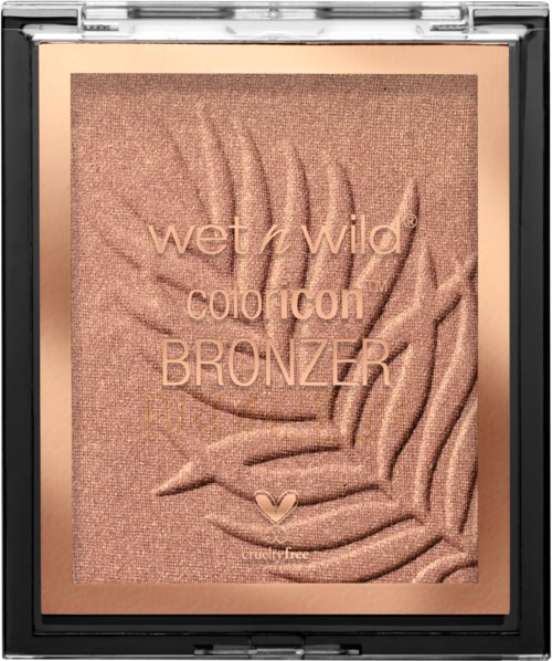 Eine Kompaktpuderbox mit Sonnenstrahlendesign, Text 'wet n wild color icon BRONZER' und cruelty-free-Symbol.
