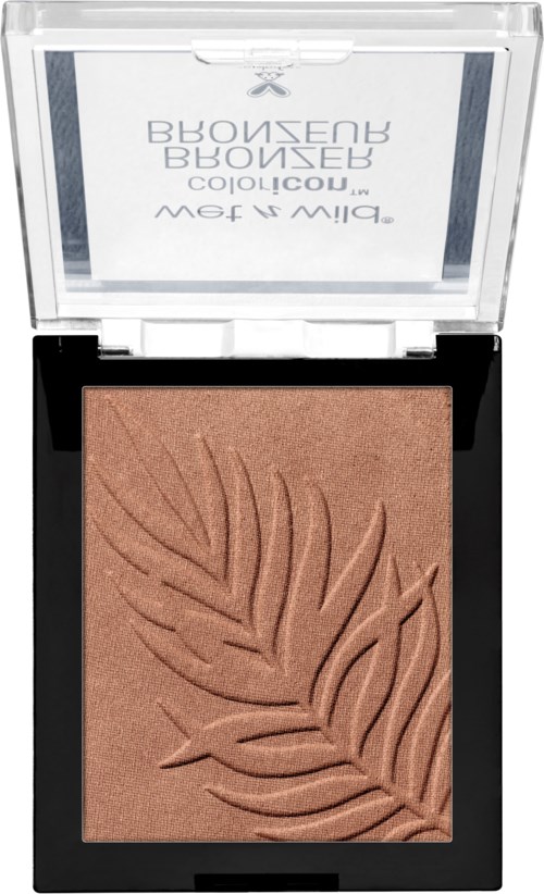 Ein Make-up-Puder mit Blattmuster auf braunem Puder.