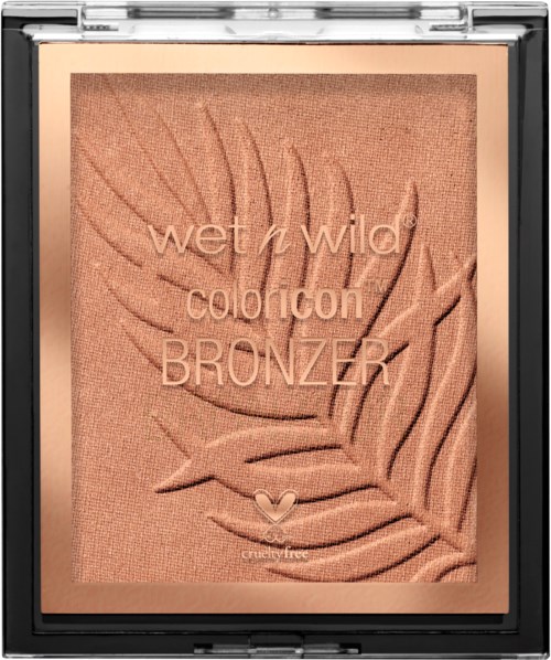 Een bronzer compact met blaadjespatroon en tekst "wet n wild coloricon BRONZER".