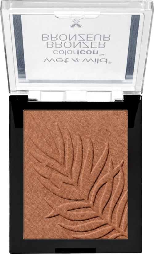 Eine kleine Make-up-Palette mit einem Presspuder mit Palmblatt-Design.