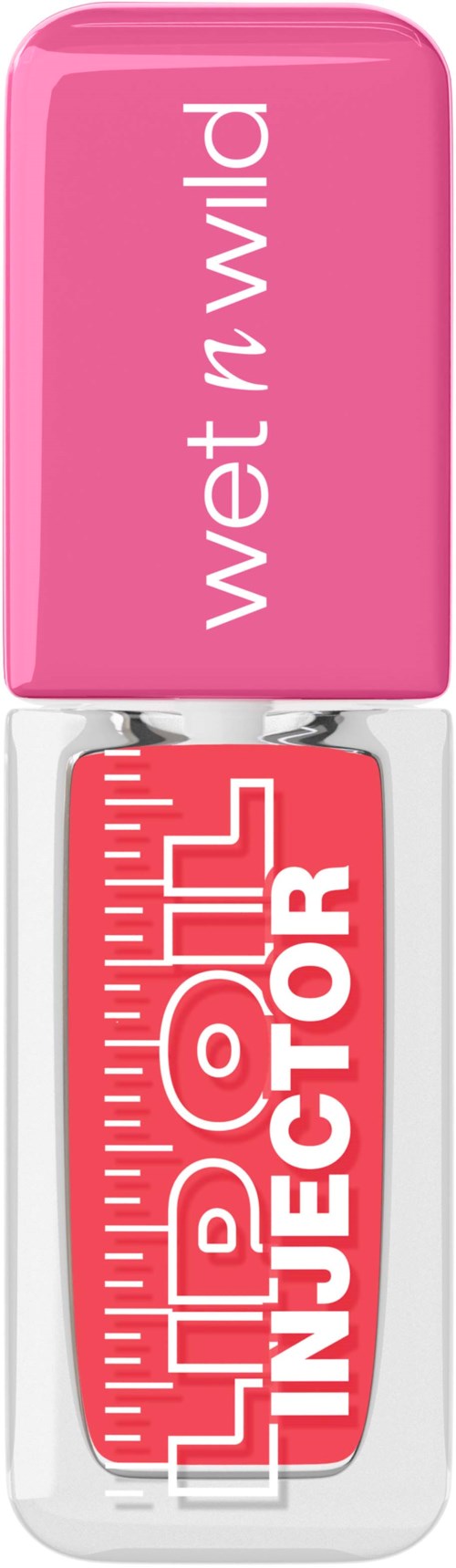 En rosa leppestiftholder med hvit tekst Wet n Wild på hetten og en rød og hvit etikett med teksten Lip Gloss Invigor på siden.