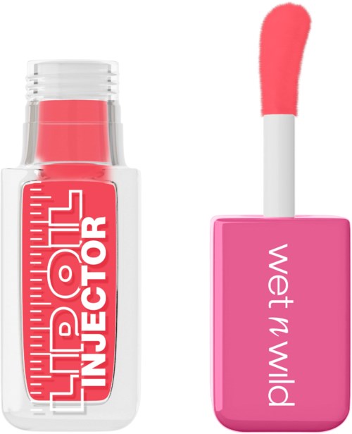 Lipgloss-beholder med rosa lokk og myk rosa applikator.