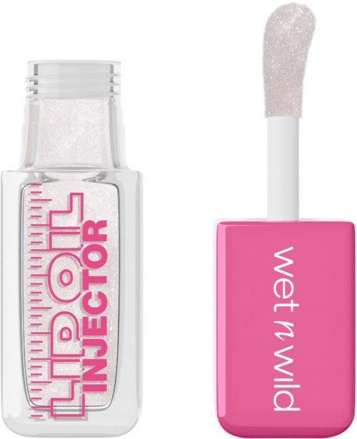 Leppglansbeholder med rosa lokk og hvit applikator. Lip wild-logo på lokket.