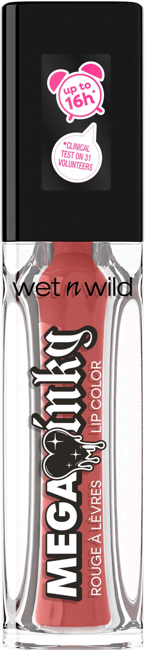 Wet n Wild Mega Last leppestift i korallfargen i gjennomsiktig og svart leppestiftbeholder.