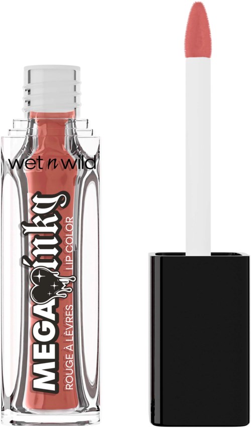 Wet n Wild Megalast Liquid Lip Color i en nude nyanse, med applikatoren fjernet og viser leppefargen.