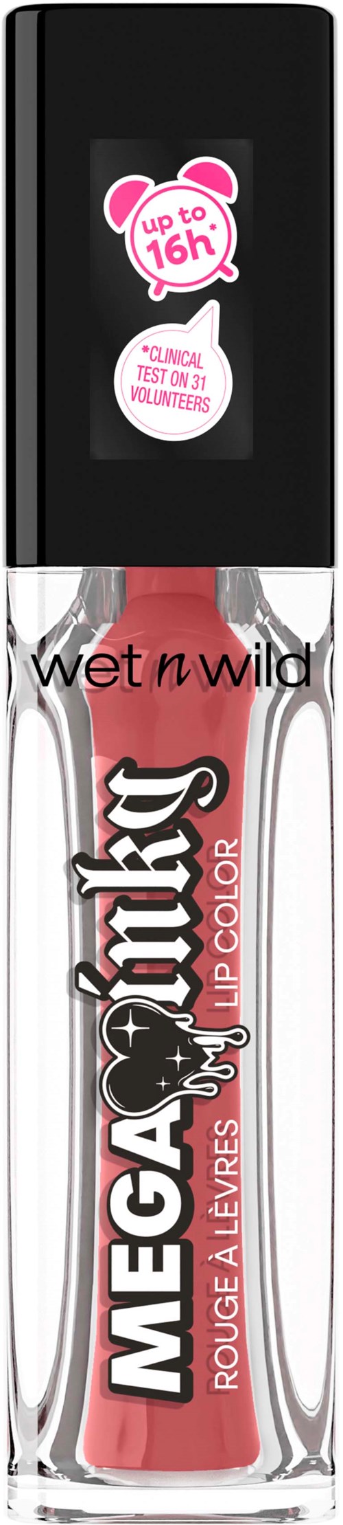 Leppeglans i klar tube med svart lokk, merket Mega My Kiss Wet n Wild, med rosa produkt synlig inni.