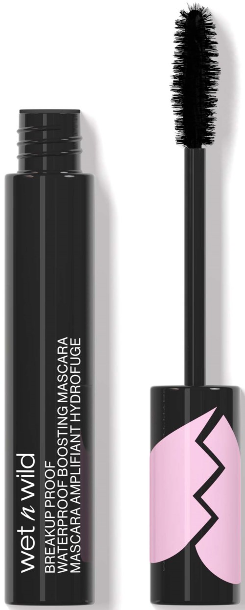 Een zwarte mascara-buis met een kwast, gemerkt Wet n Wild Waterproof Mascara. De kwast heeft borstelharen.