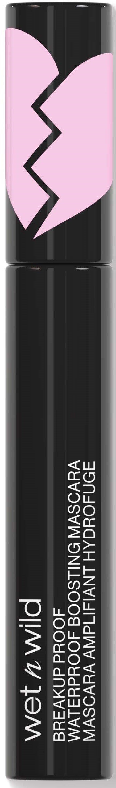 Een zwarte mascara-tube met een roze gebroken hart-ontwerp op de dop. Het merk is Wet n Wild.