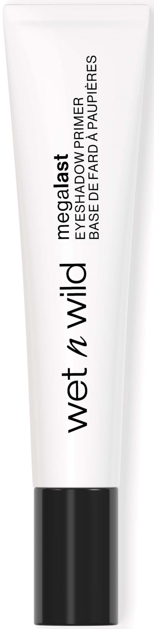 Een witte tube met zwarte dop, gemerkt 'wet n wild megalaast' en 'eyeshadow primer'.