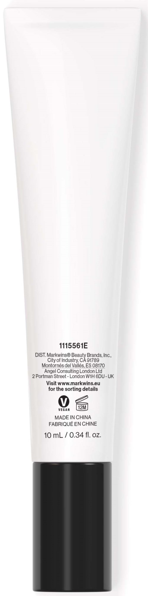 Een witte tube met een zwarte dop, bevat huidverzorging of cosmetica, met kleine tekst en symbolen aan de achterkant.