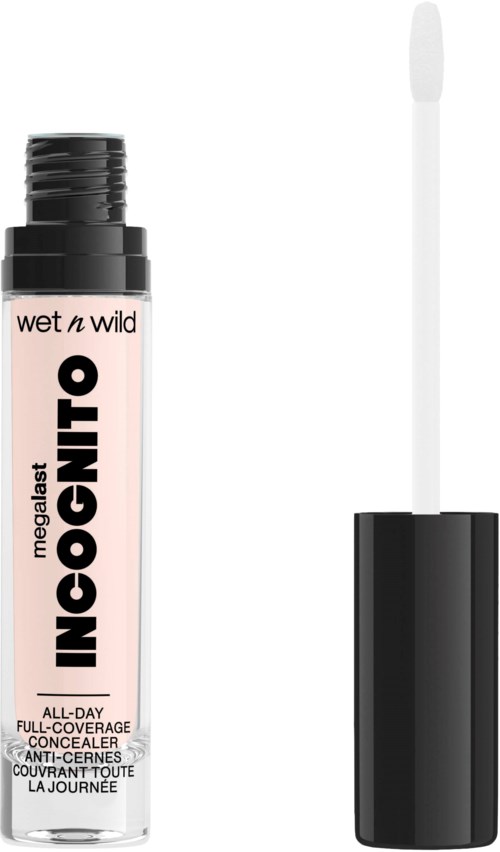 Een lipgloss tube met sponsapplicator, labeled 'wet n wild MegaLast INNOCENT'.