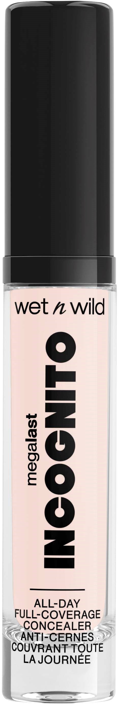 Een witte tube met een zwarte dop, gemarkeerd Wet n Wild MegaLast INCOGNITO concealer, mengt in de achtergrond.