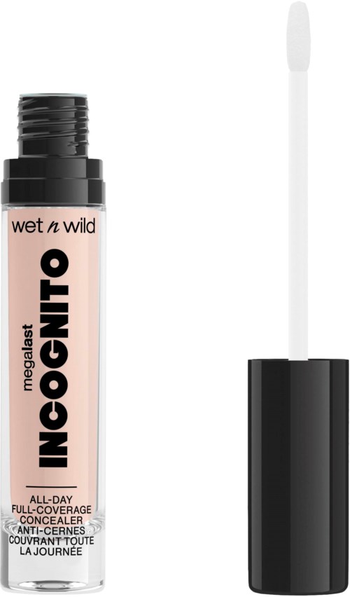 Ein Abdeckstift mit schwarzem Deckel, Etikett sagt Wet n Wild MegaSinkle, für volle Deckkraft den ganzen Tag.