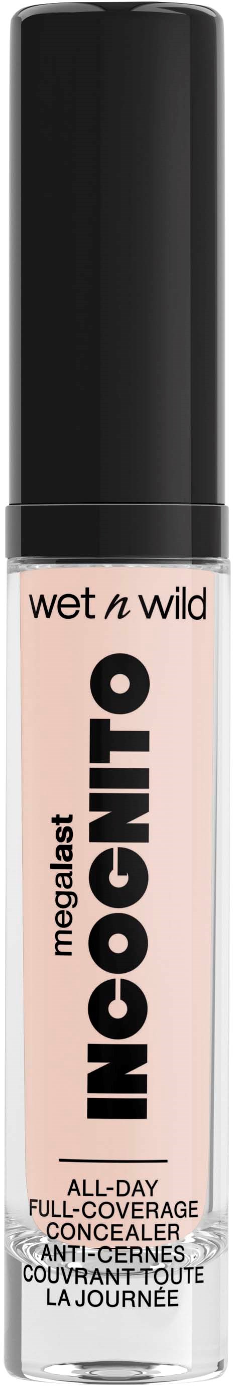 Ein weißes Concealer-Röhrchen mit schwarzem Deckel, beschriftet Wet n Wild MegaLast Incognito, auf schwarzem Hintergrund.