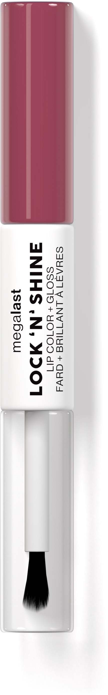 Roze lipgloss met witte sponsapplicator en label met 'LOCKN'SHINE' en 'FAIR, BRILLIANT, TEENS'.