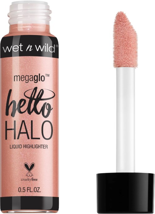 En rosa flytande highlighter med en vit applikator och svart lock.