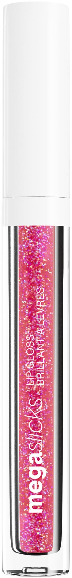 Ein pinkfarbener Lipgloss mit weißem Deckel, beschriftet mit "Mega Slicks" und "Brilliant Shine".