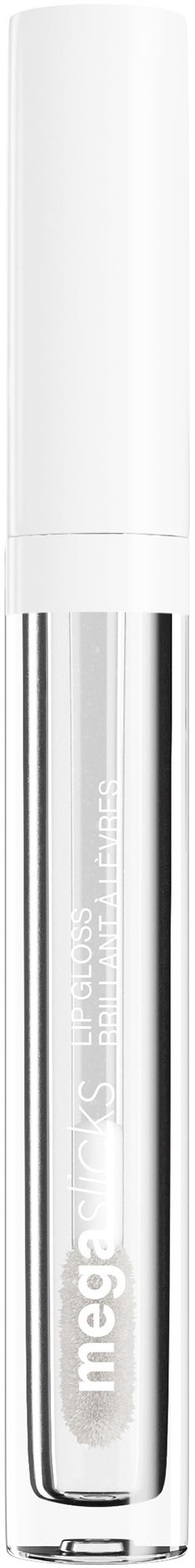 Een doorzichtige lipgloss-flacon met een witte dop, gemerkt "megawhite," tegen een zwarte achtergrond.