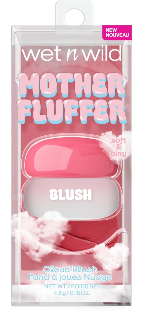 Wet n Wild Mother Fluffer blushsett med skyldesign, inkluderer rouge og highlighter i rosa og hvitt.