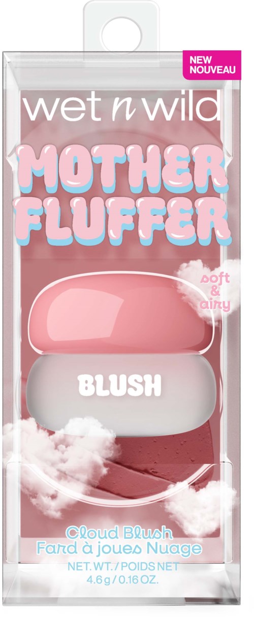 Wet n Wild Mother Fluffer blush og highlighter i rosa og hvit emballasje med sky-design.