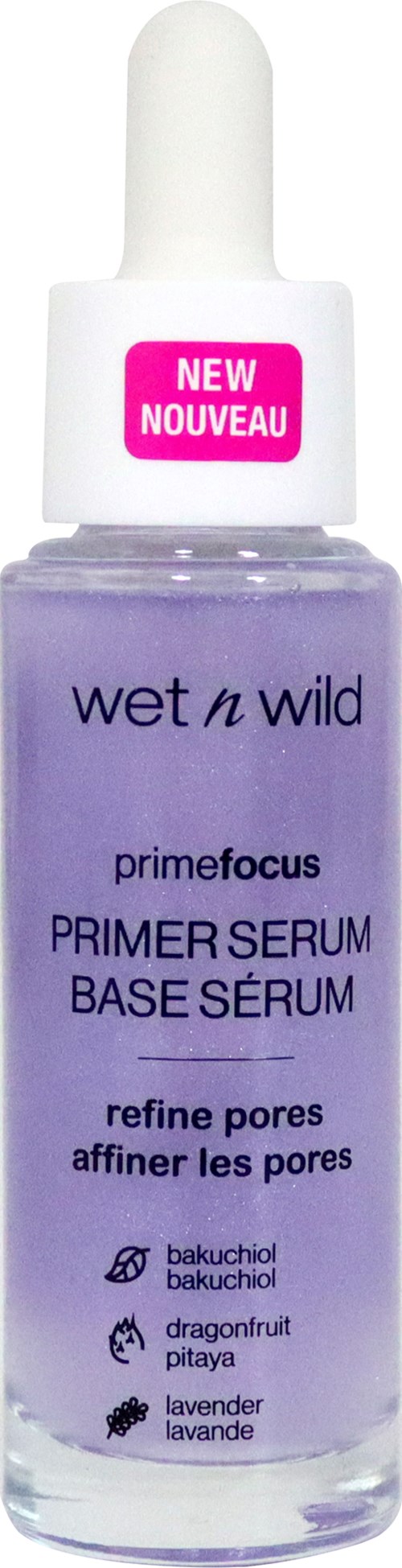 Een paarse serumfles met pipet, gelabeld 'wet n wild Prime Focus Primer Serum,' en een roze "NIEUW"-label.