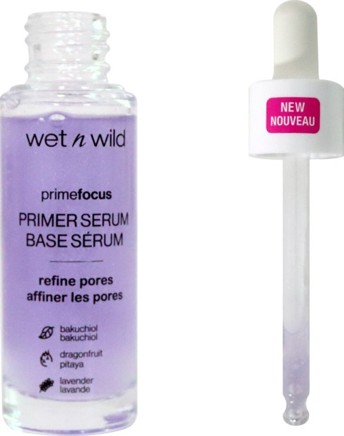 Een paarse fles met Wet n Wild primer serum en een witte pipet met roze label.