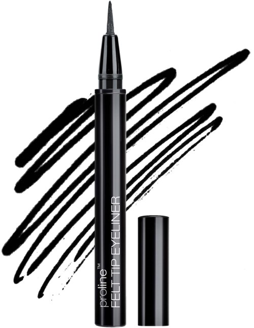 Flytende eyeliner-penne med svart lokk og svart blekkbakgrunn.