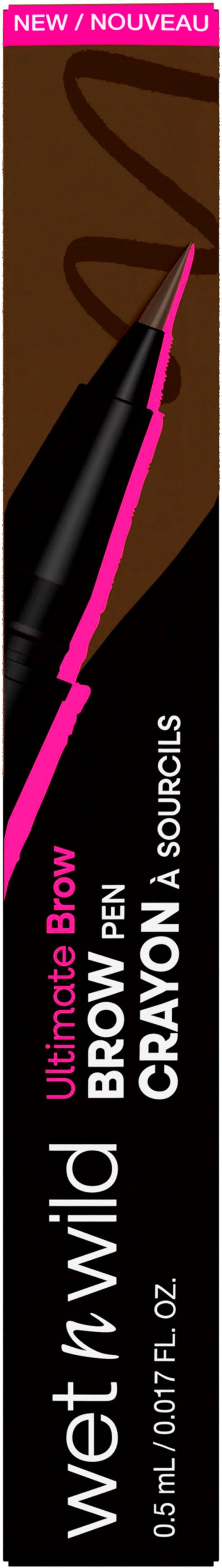 Vertikal reklame for wet n wild Ultimate Brow Pen med rosa håndtak og brun bakgrunn.