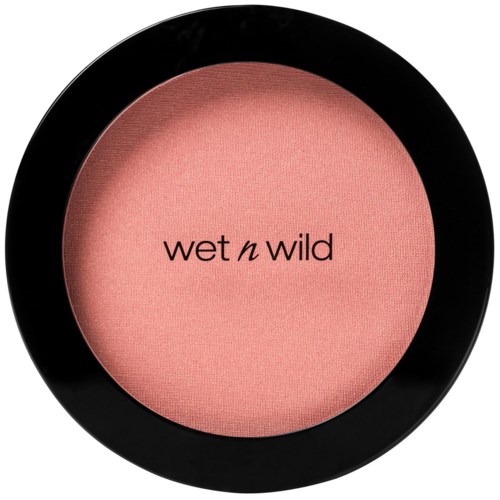 A round blush container with the words "wet n wild" inside, showing a pink-colored makeup product.