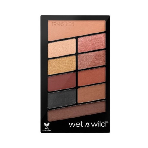 A palette with various shades of blush, bronzer, and highlighter, arranged in a rectangular black case.