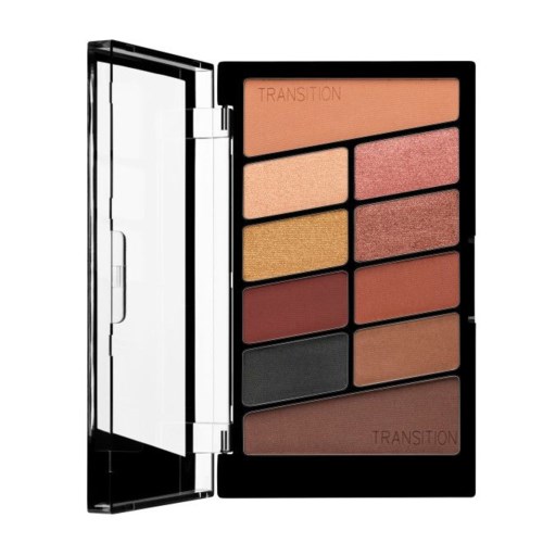 A makeup palette with various shades of blush, eyeshadow, and highlighter in a black case.
