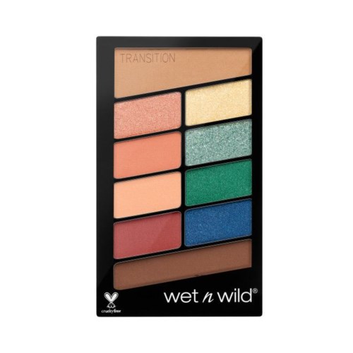A makeup palette with twelve colorful shades, including peach, yellow, green, blue, and red, in a black case.