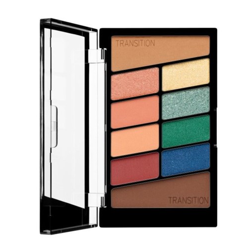 A makeup palette with multiple colorful eyeshadow shades and two transition shades at the top and bottom.