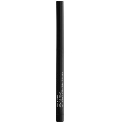 Musta eyeliner- kynä, siinä on valkoinen teksti, seisoo pystyasennossa.