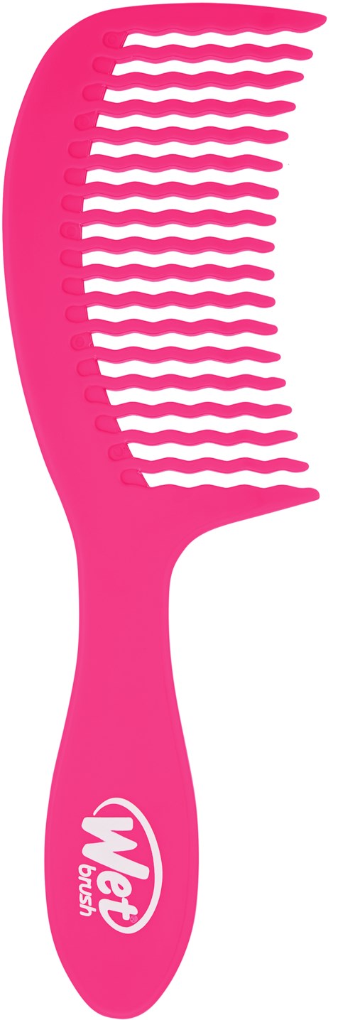 Ein pinker breit gezahnte Kamm mit dem Markennamen "Wet Brush" am Griff.
