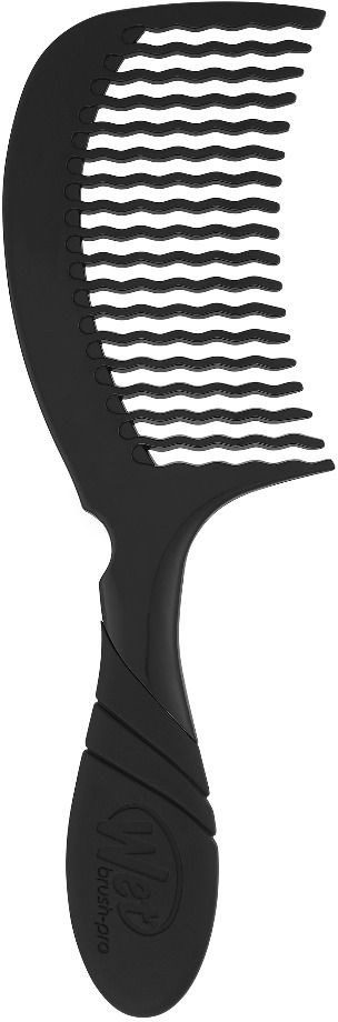 Eine schwarze Haarbürste mit breiten, Abstand zwischen den Borsten und einem gebogenen Griff.