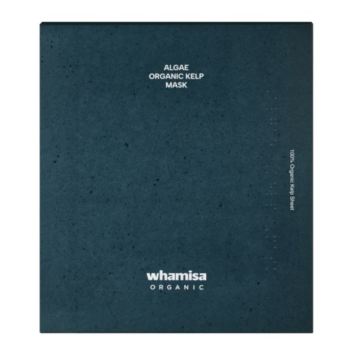 Eine dunkelblaue Verpackung für ein Produkt namens Whamisa Organic Algae Kelp Mask. Mit weißem Text und einfachem Design.
