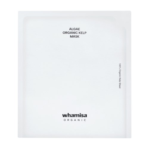 Eine weiße Verpackung mit schwarzem Text sagt 'Algae Organic Kelp Mask' und Marke 'Whamisa Organic'.