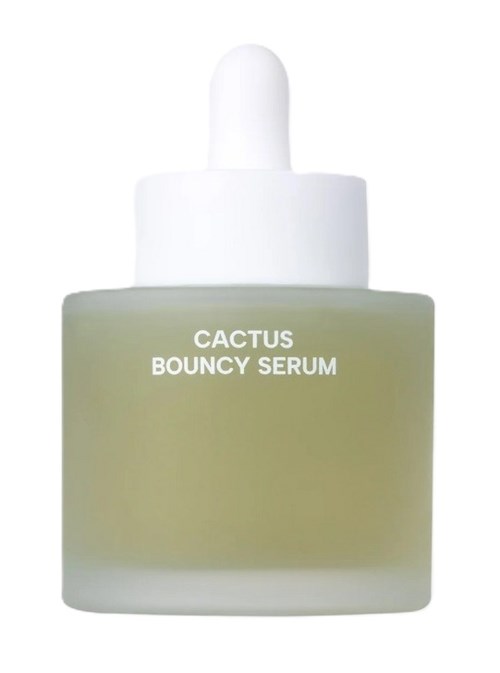 Kleine Flasche mit Kaktus Bouncy Serum, mit Pipette, hellgrün, weißes Etikett.