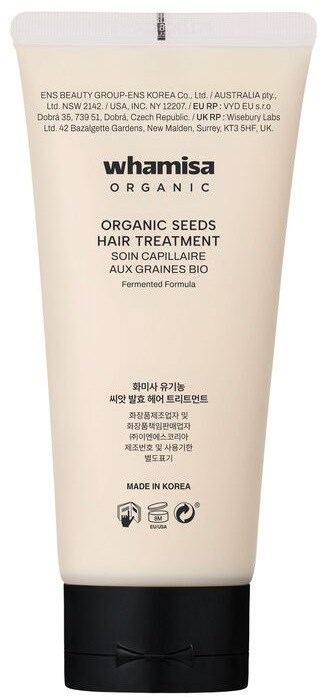Whamisa Organic Seeds Hair Treatment i en hvit tube med svart lokk, koreansk og engelsk tekst på forsiden.