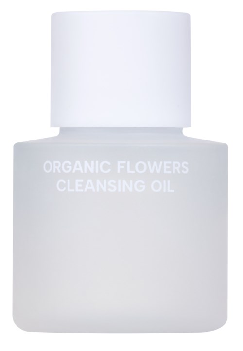 Eine weiße Flasche mit der Beschriftung „Organic Flowers Cleansing Oil“ und glattem Deckel.