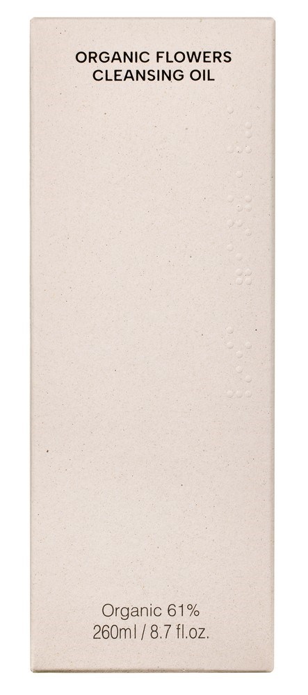 Eine schlichte, hellfarbige Schachtel mit Text, der organisches Blumenreinigungsel beschreibt und Details.