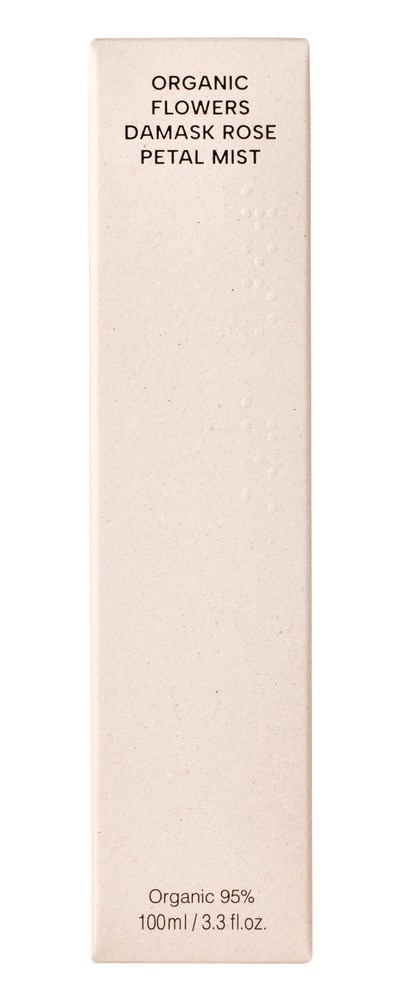 Eine lange, schmale Schachtel mit einfachem Text: Bio-Blumen, Damaskus-Rose, Blütennebel. Die Schachtel ist weiß.