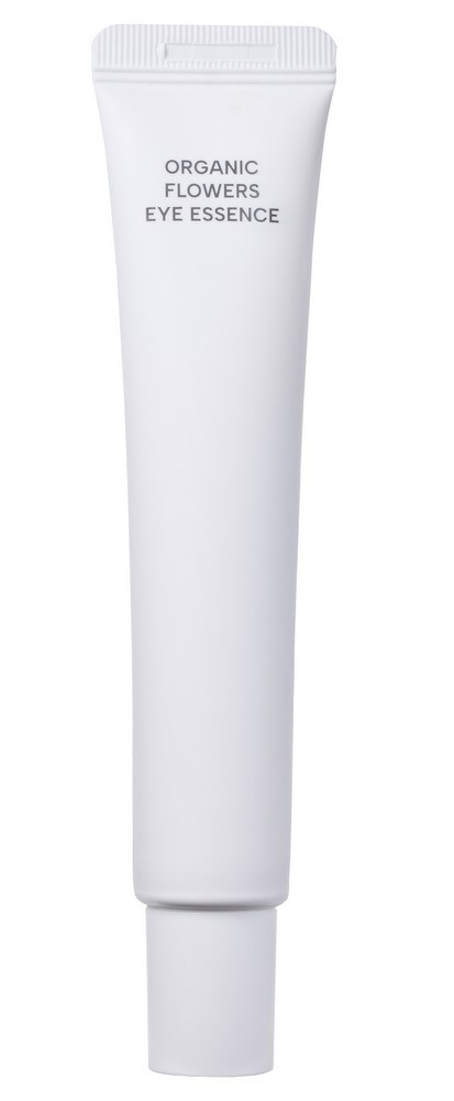 Eine weiße Tube mit der Aufschrift "Organic Flowers Eye Essence" steht aufrecht vor einem grauen Hintergrund.