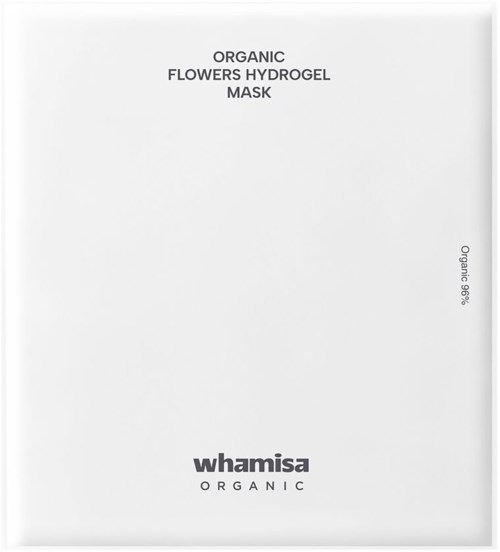 Eine weiße Verpackung mit der Aufschrift 'Organic Flowers Hydrogel Mask' und 'Whamisa Organic' am unteren Ende.