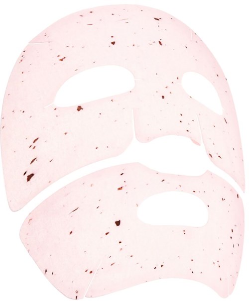 Dies ist ein Gesichtsmaskenblatt mit einfachem, einheitlichem Design und einigen Flecken.