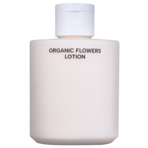 Eine weiße Flasche mit der Aufschrift 'ORGANIC FLOWERS LOTION' und weißem Deckel.