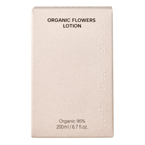 Eine beige Box mit schwarzen Text, beschriftet 'Organic Flowers Lotion' und 'Organic 95% 200ml/6.7 fl.oz.'