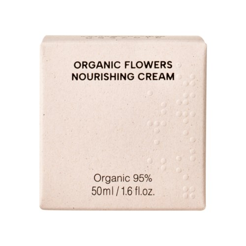 Eine Verpackung mit der Beschriftung 'Organic Flowers Nourishing Cream', mit Angaben zu Inhaltsstoffen und Volumen, schlicht gestaltet.