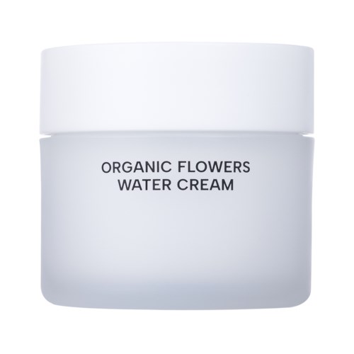 Ein weißer Behälter mit der Aufschrift 'Organic Flowers Water Cream' auf einfachem Hintergrund.